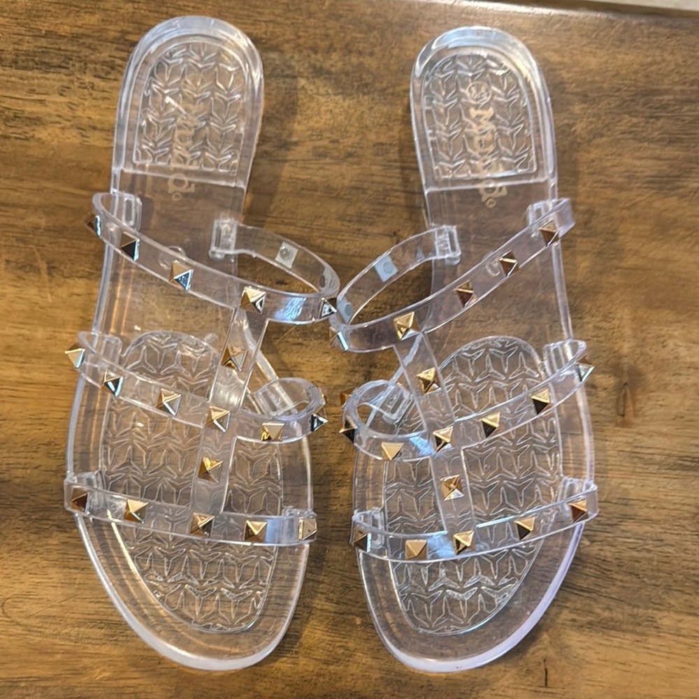 Mudd Clear Studded Sandals with bronze stud Accents